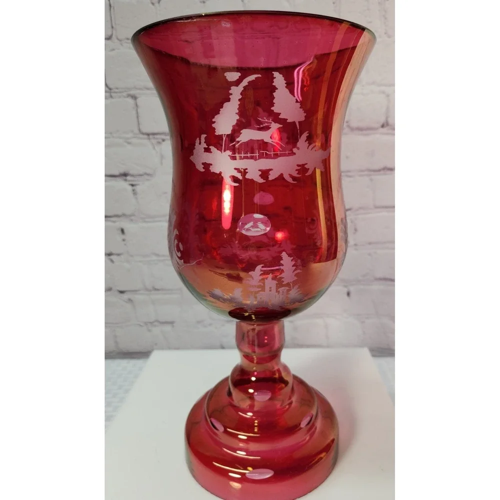 Antique Egermann Candle Holder Vase  Bohemian Ruby Red Cut to Clear Deer Chalet